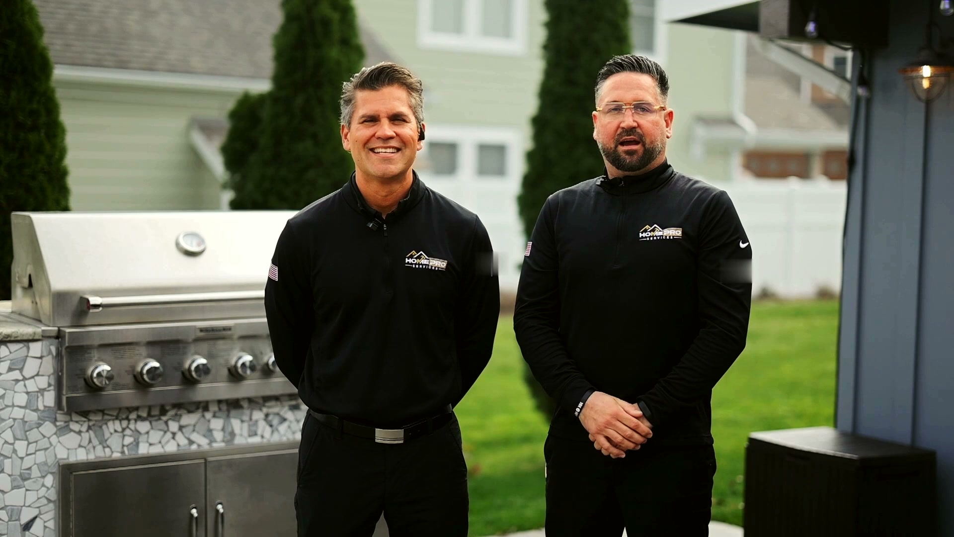 Tayler Adams and Lourenzo Da Silva, the owners of HomePro Services, in a client’s backyard: the first frame of the HomePro film