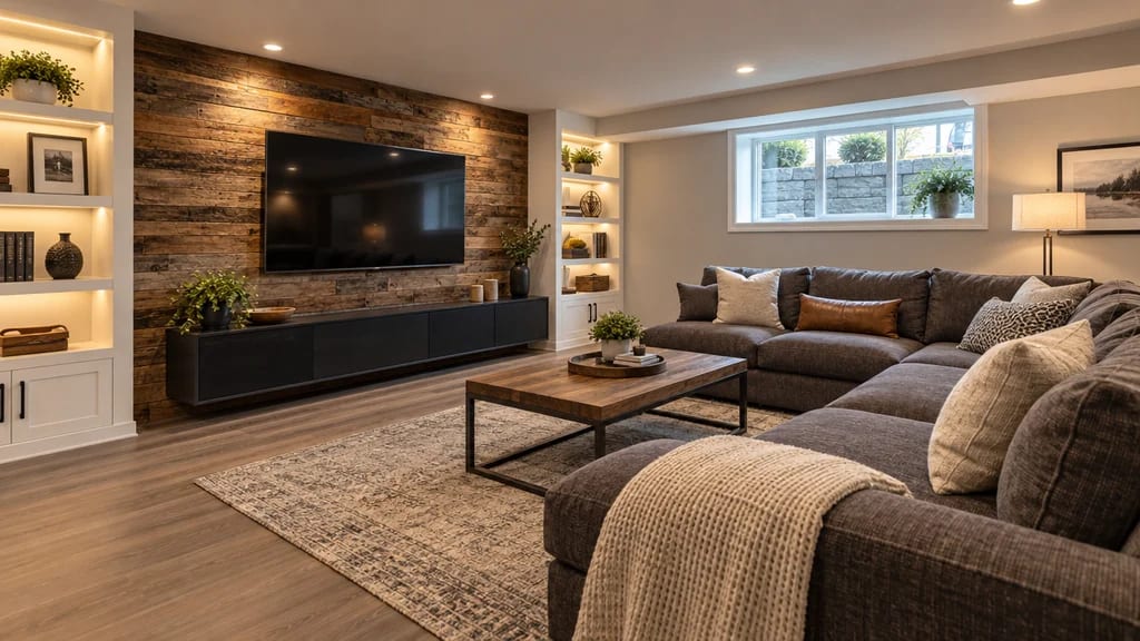 A finished basement family room with a reclaimed-wood media wall