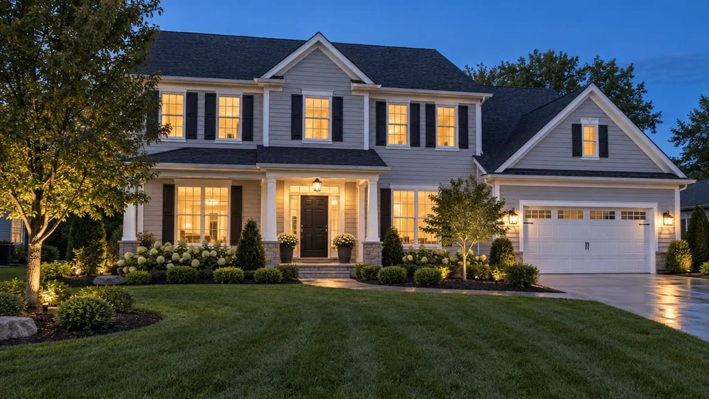 A two-story colonial with new siding, lit at dusk