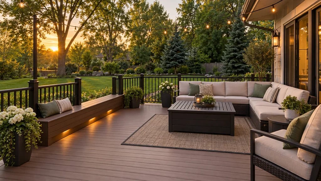 A composite deck at dusk with built-in lighting and outdoor seating