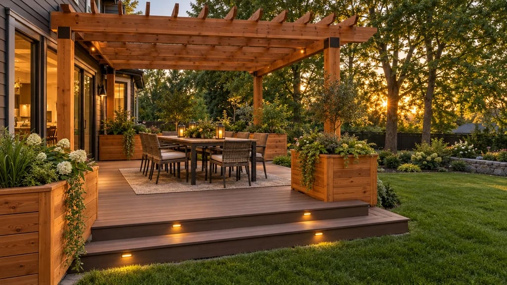 A composite deck with a cedar pergola and string lights at sunset