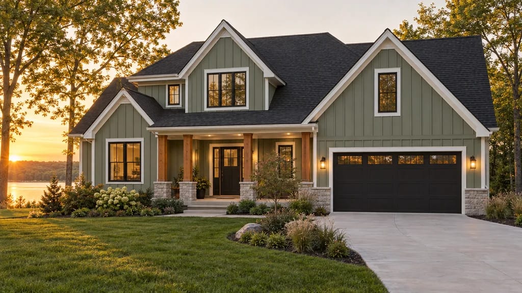 A sage-green sided home with stone accents at golden hour