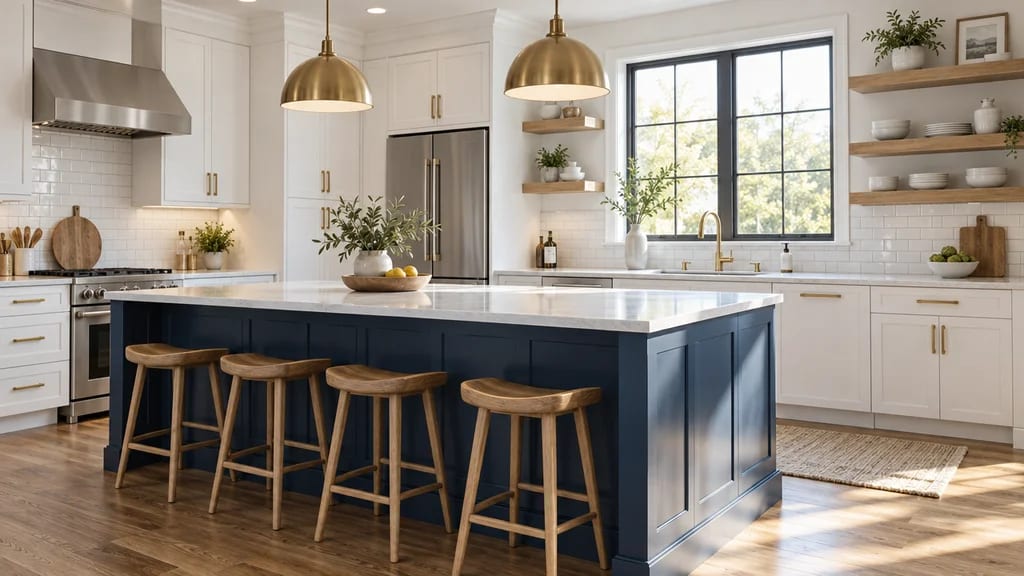 A finished kitchen with a navy island, white cabinets and brass pendants