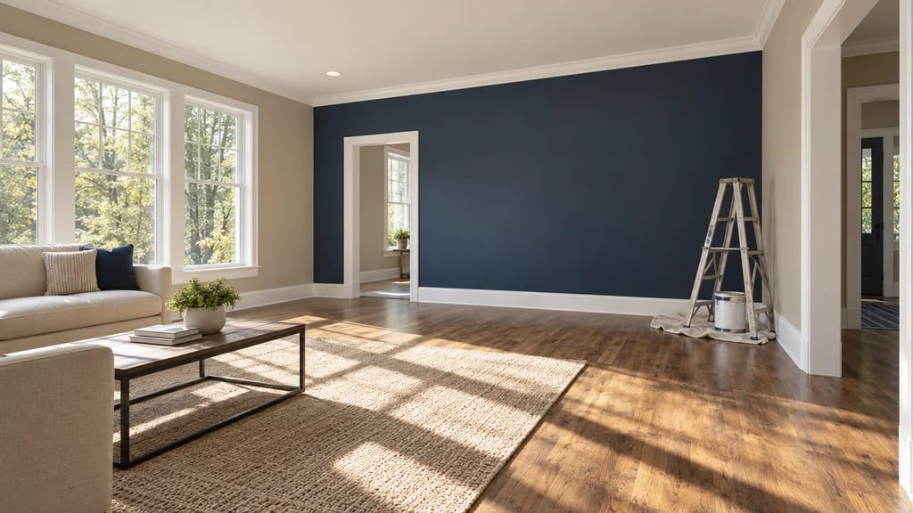 A freshly painted living room with a navy accent wall and white trim