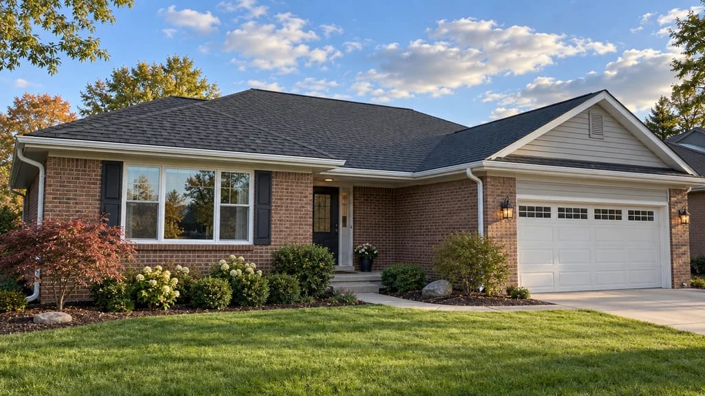 A brick ranch with a new charcoal architectural-shingle roof on a clear morning
