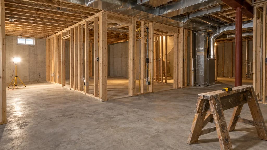 A basement on day one: new stud walls framed over a bare concrete floor, work lights on