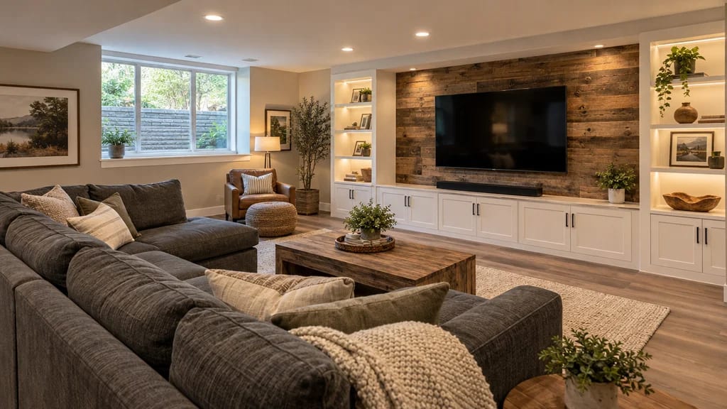The finished basement: a sectional sofa, a reclaimed-wood media wall and built-in shelves