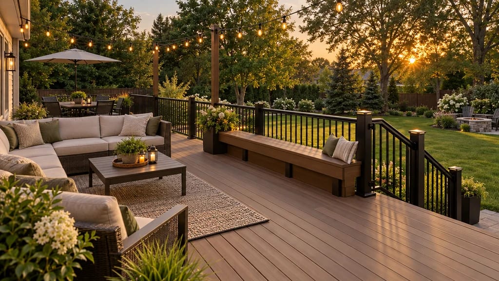A finished composite deck with black railing, planters and seating at golden hour