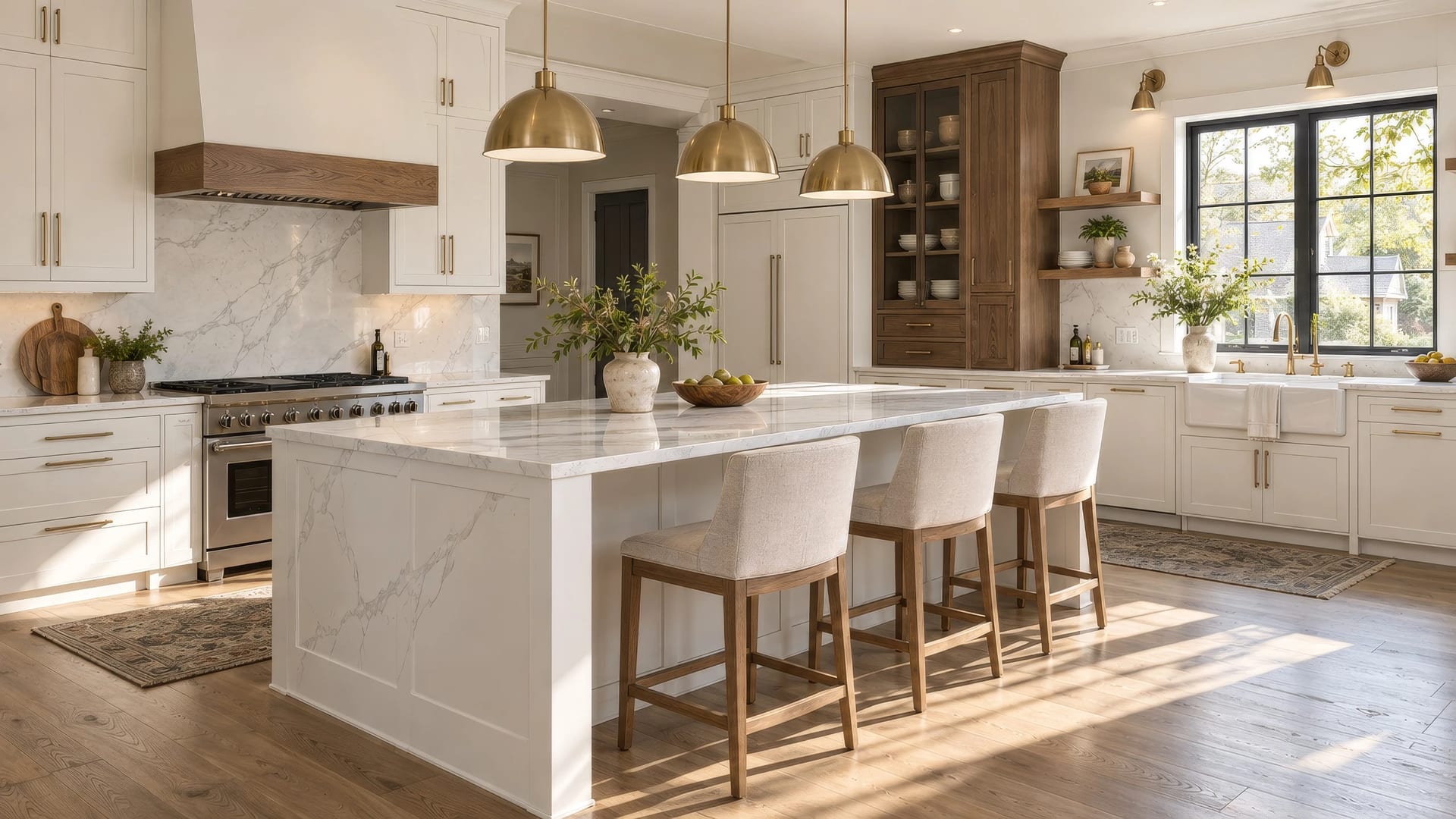 A finished white kitchen: a marble island with stools, brass pendants and a walnut hood