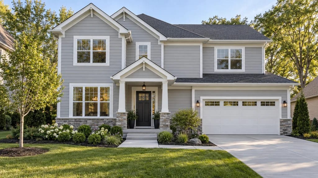 A finished two-storey Michigan home with new grey lap siding, white trim and a stone porch