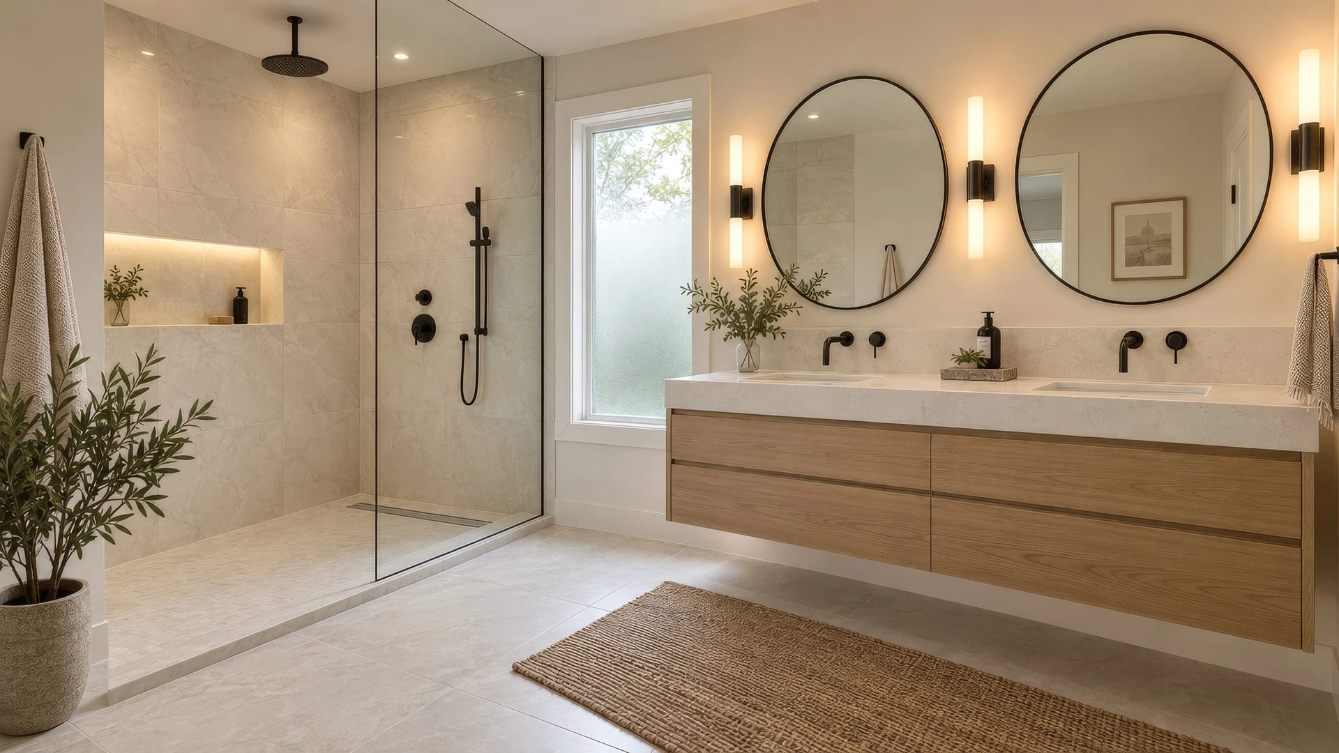 A finished spa bathroom: a walk-in shower, a floating oak vanity and round mirrors