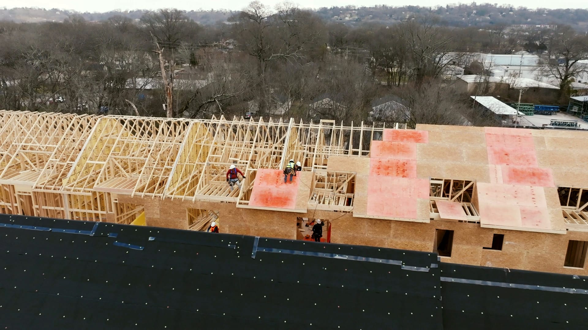 A new home framed and sheathed, seen from above