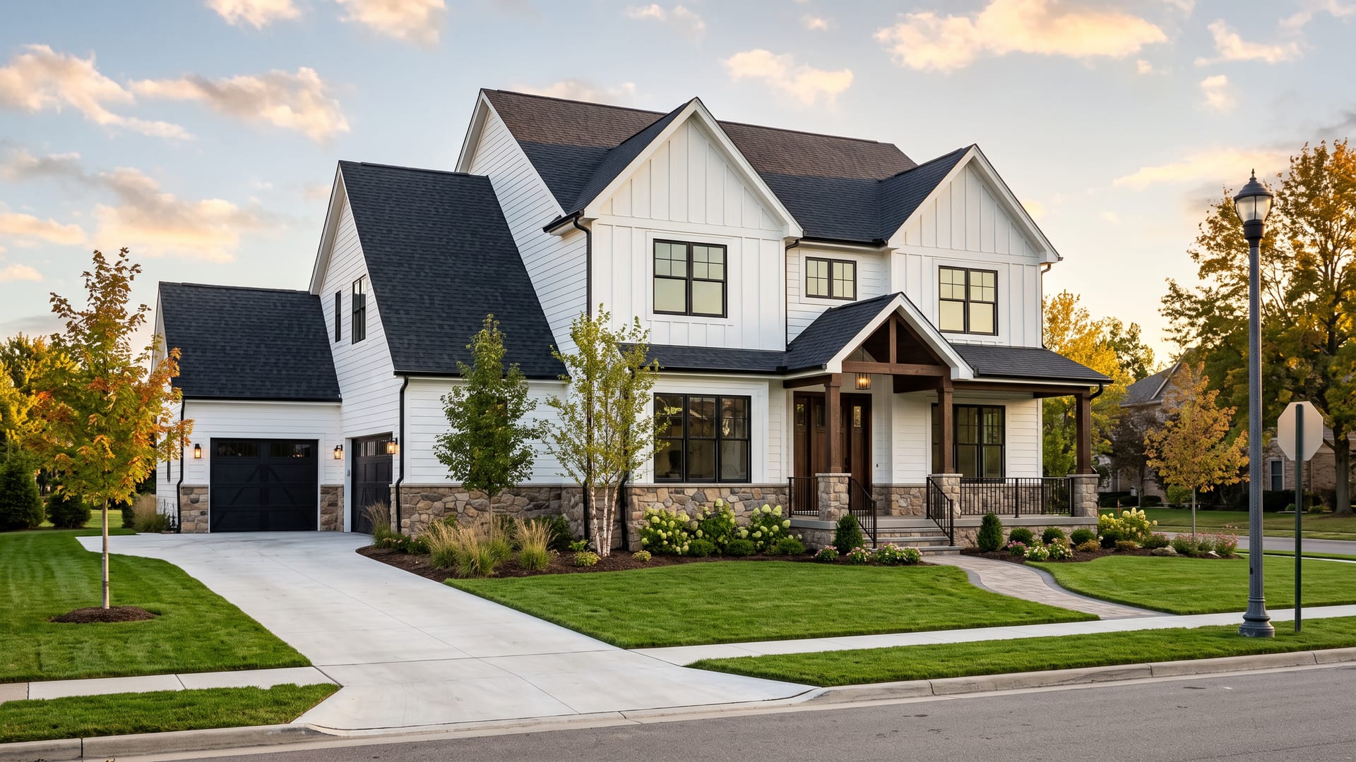 A brand-new custom-built two-storey Michigan home at golden hour with fresh sod and a new driveway