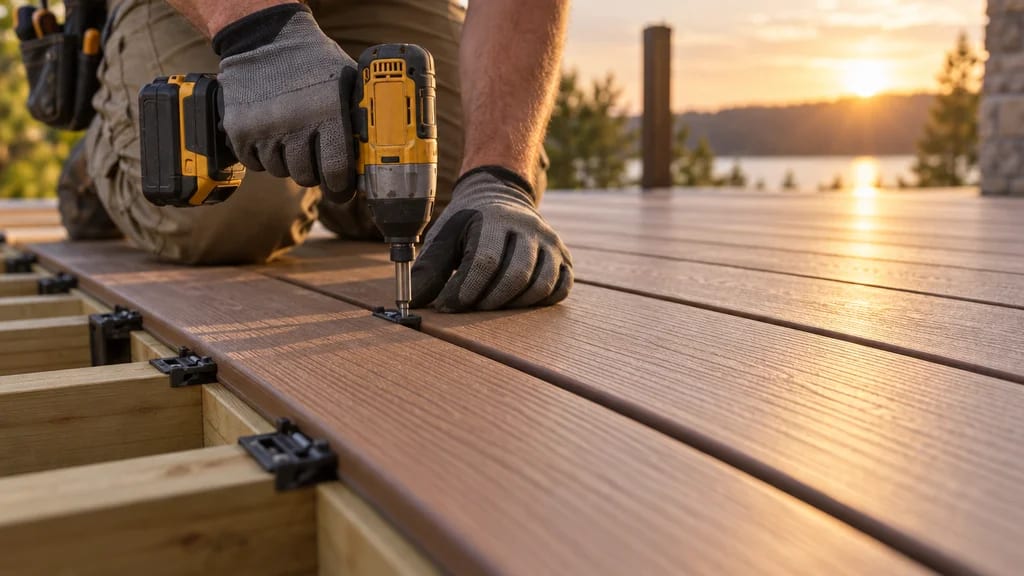 Gloved hands fastening composite deck boards at sunset