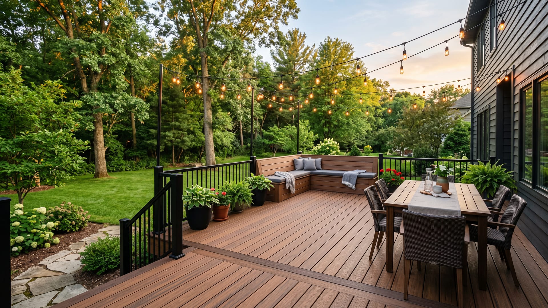 A finished composite deck with black railing, a dining set and string lights at golden hour
