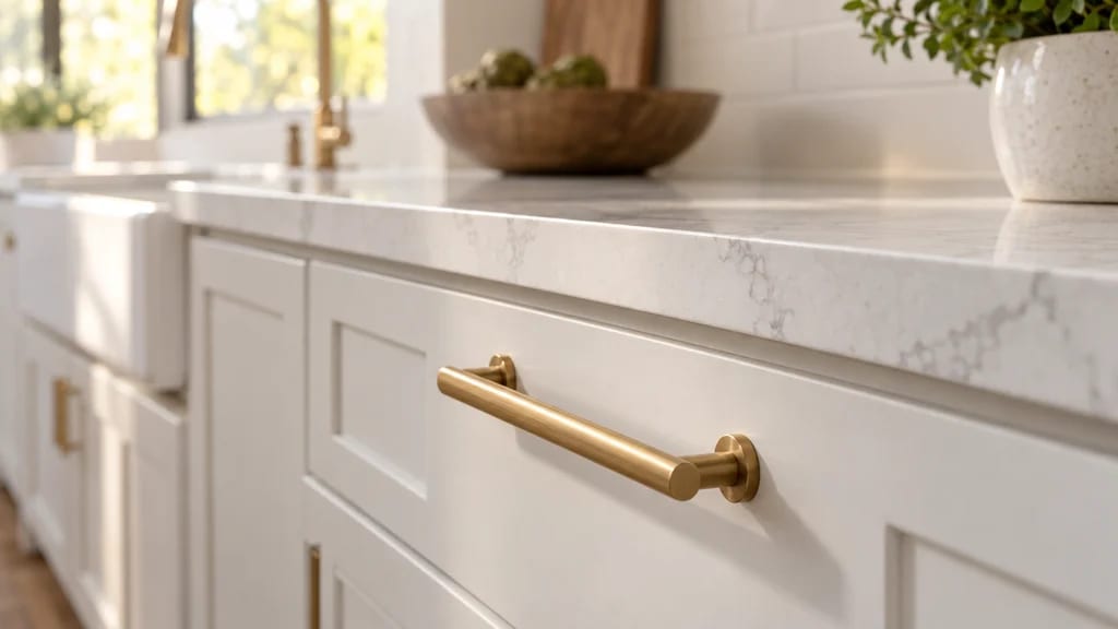 A brushed-brass pull on a white shaker drawer under a marble counter