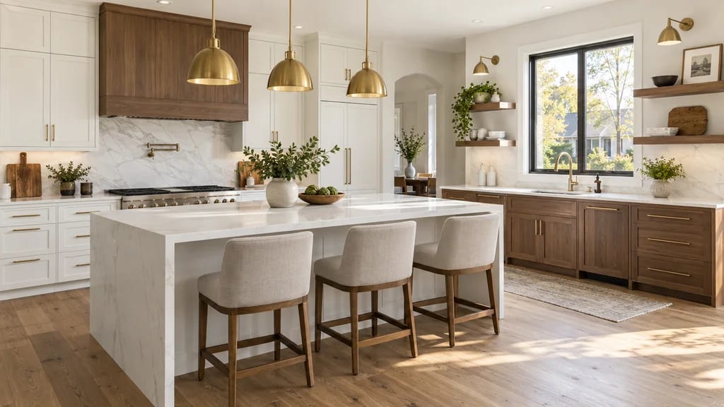 A finished white kitchen: a marble waterfall island, brass pendants and a walnut range hood