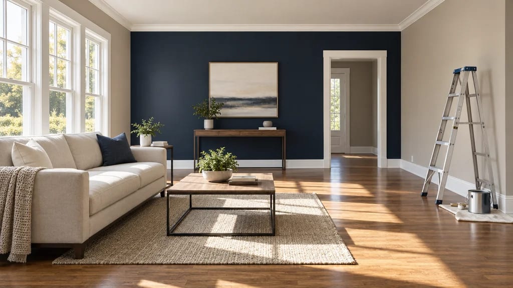 The same room from the sofa: navy accent wall, new paint on the trim