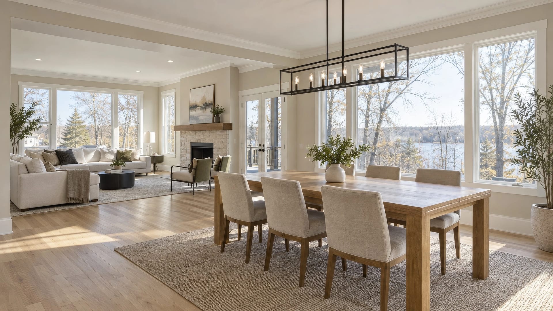 A finished open-plan living and dining room with white oak floors and lake views