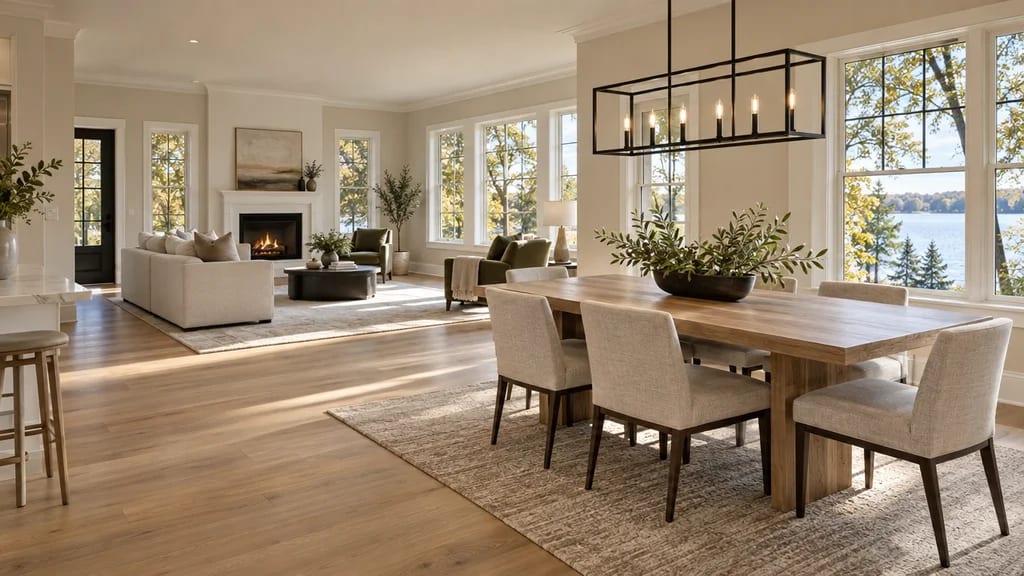 The same remodel from the dining side: new floors, trim and a linear pendant
