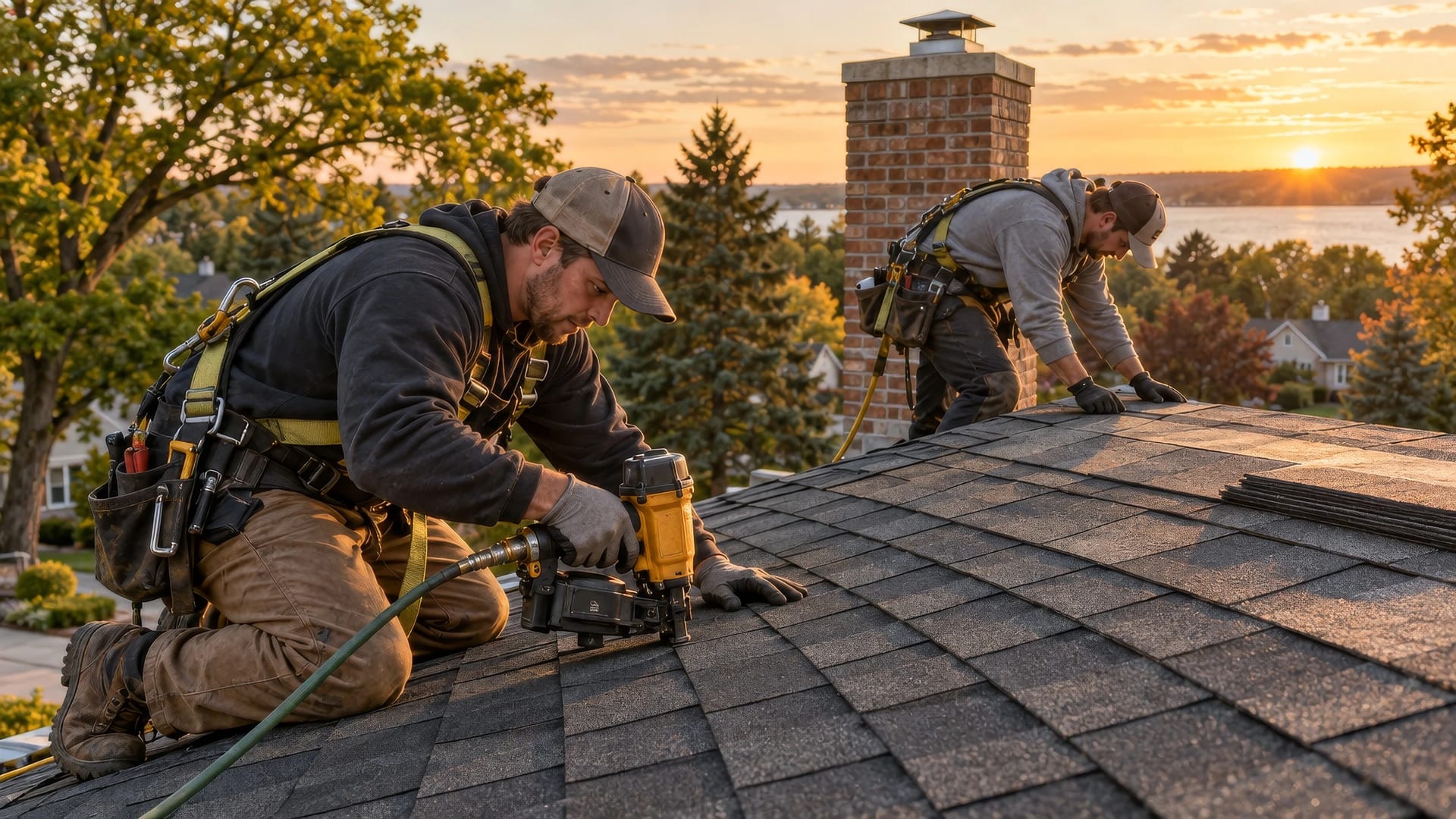 Two roofers nailing architectural shingles beside a brick chimney at sunset