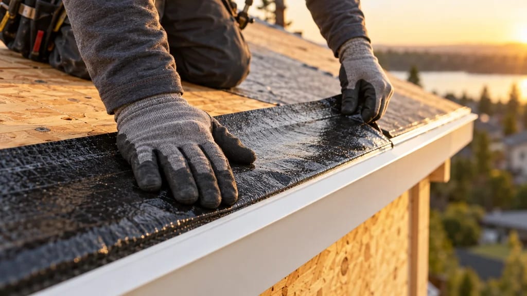 Gloved hands pressing ice-and-water underlayment onto the roof deck at the eave