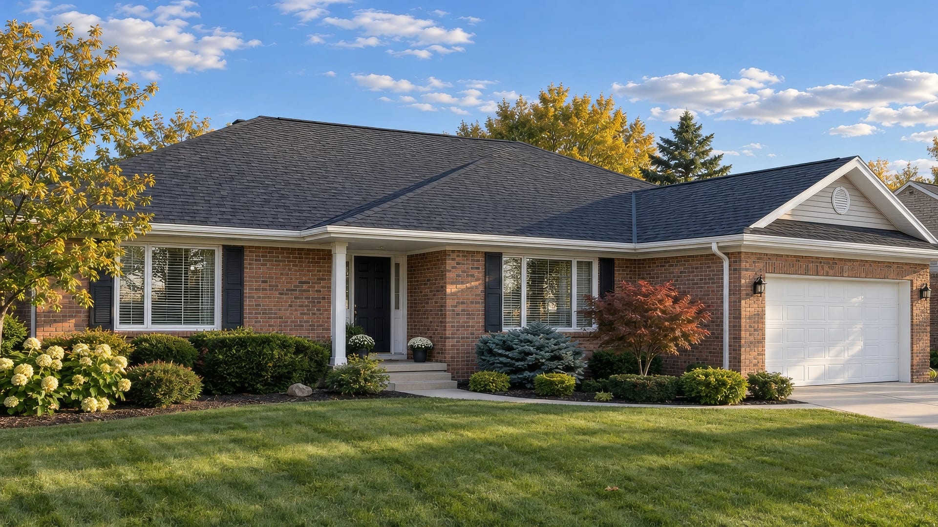 A brick ranch with a new charcoal architectural-shingle roof