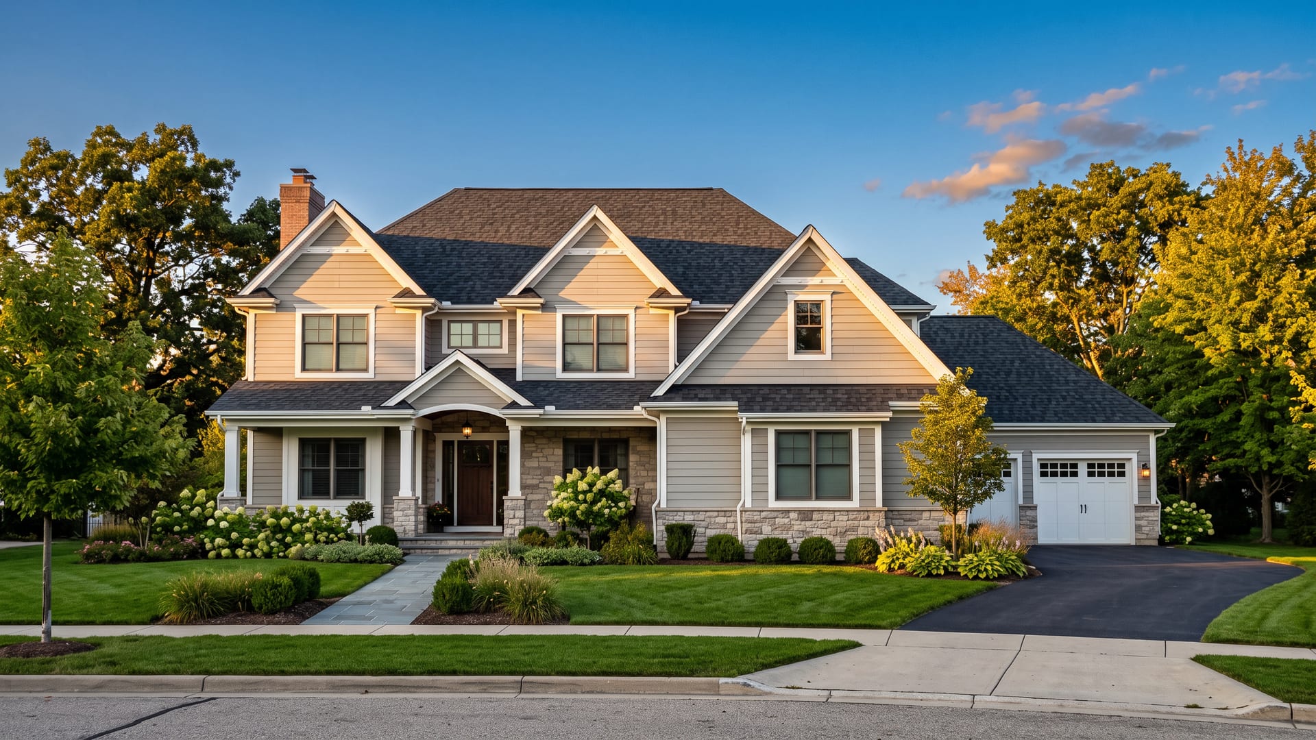 A two-storey Michigan home with a brand-new charcoal architectural-shingle roof at golden hour