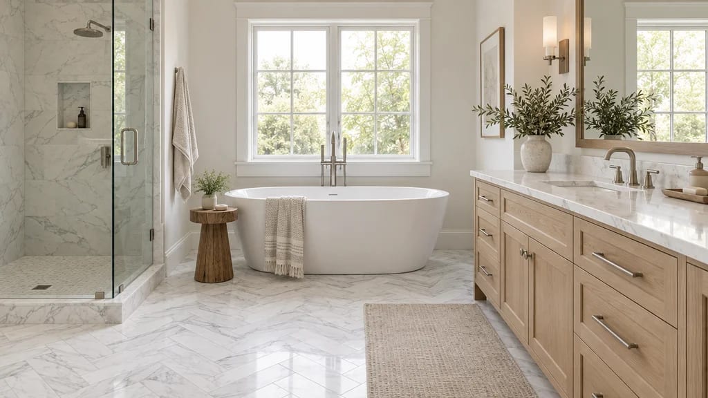 A finished bathroom: a freestanding tub under the window, a white oak vanity and a glass shower