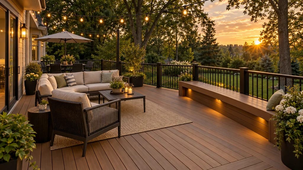 A finished composite deck with black railing, planters and outdoor seating at golden hour