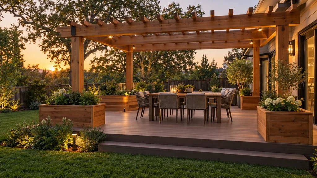 A composite deck with a cedar pergola, planters and string lights at sunset