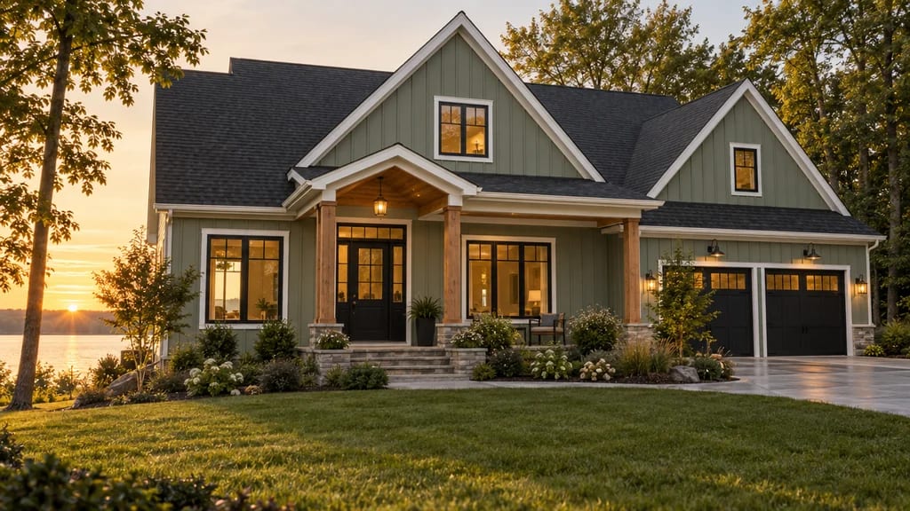 A sage-green sided home with stone accents and a black garage door at golden hour