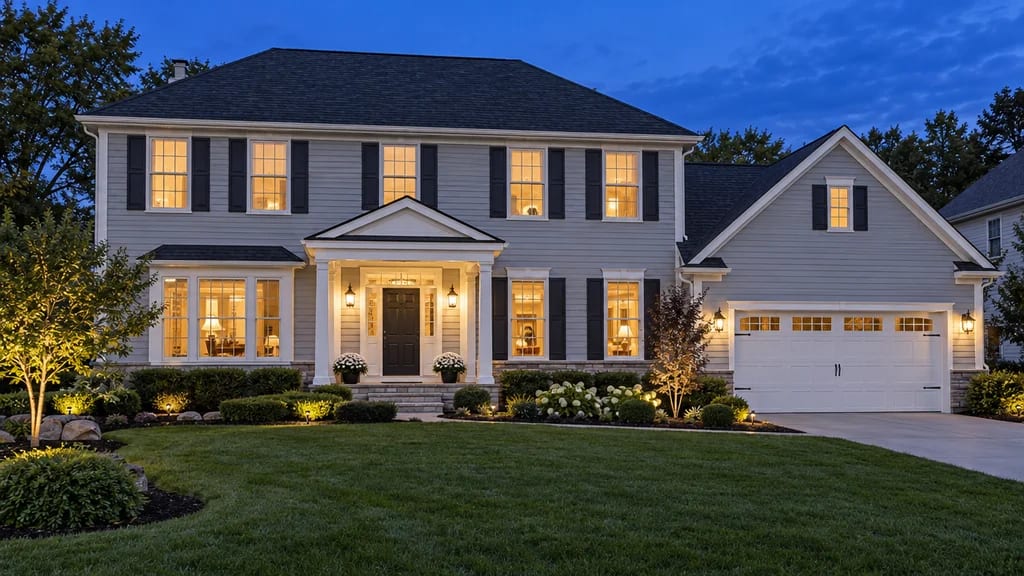 A new two-storey colonial lit at dusk with a three-car garage