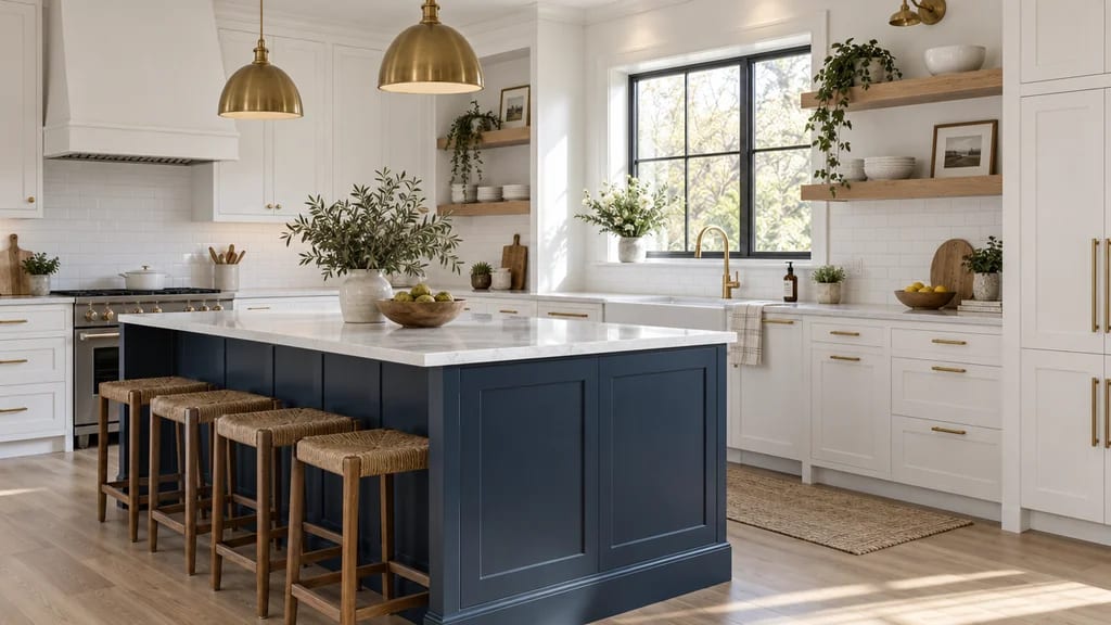 A finished kitchen: a navy island with wood stools, white cabinets and brass pendants
