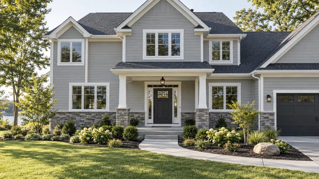 A newly built two-storey Michigan home with grey lap siding, white trim and a fresh lawn