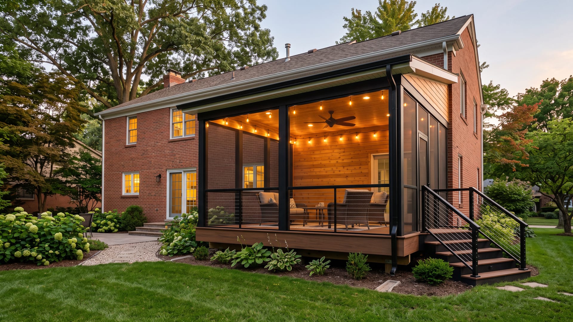 A newly built screened-in porch addition with a composite deck and a cedar ceiling at golden hour