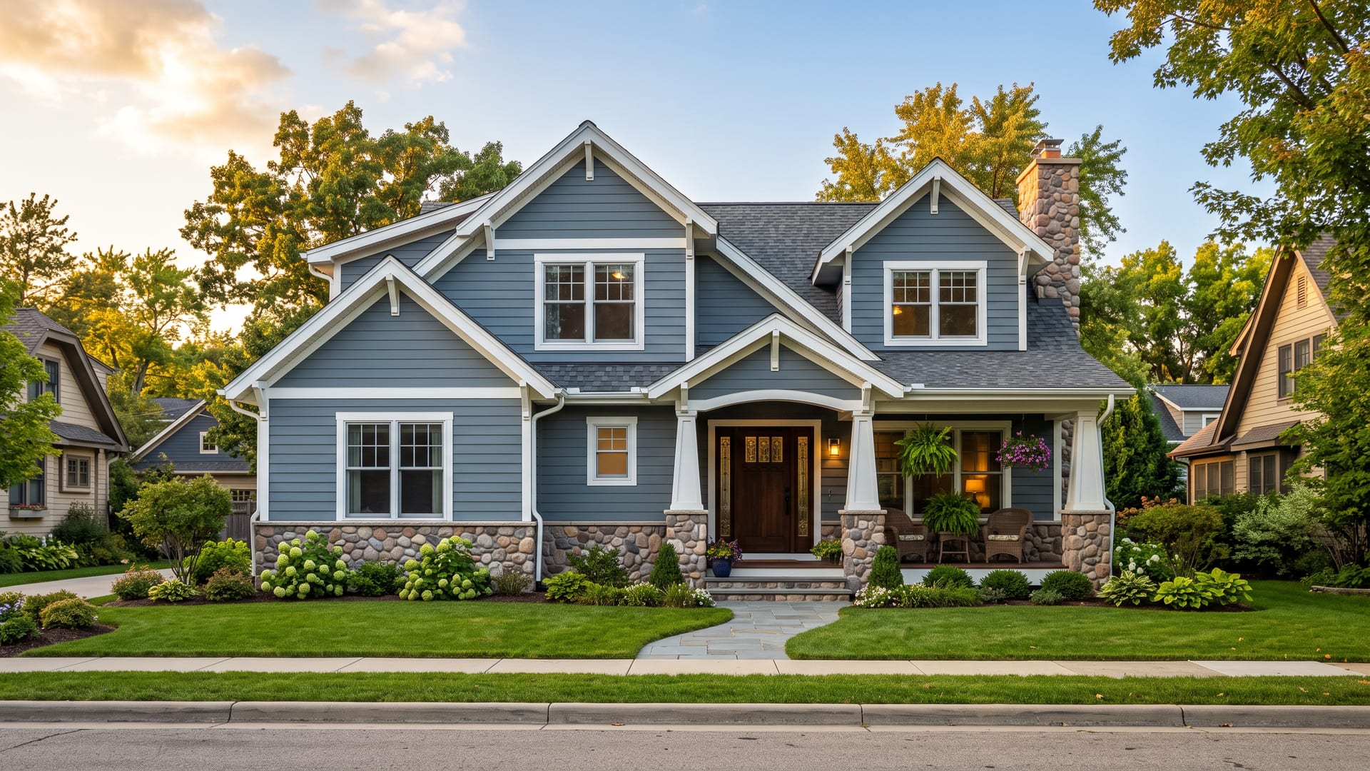 A craftsman home with new blue-grey lap siding, white trim and a stone wainscot